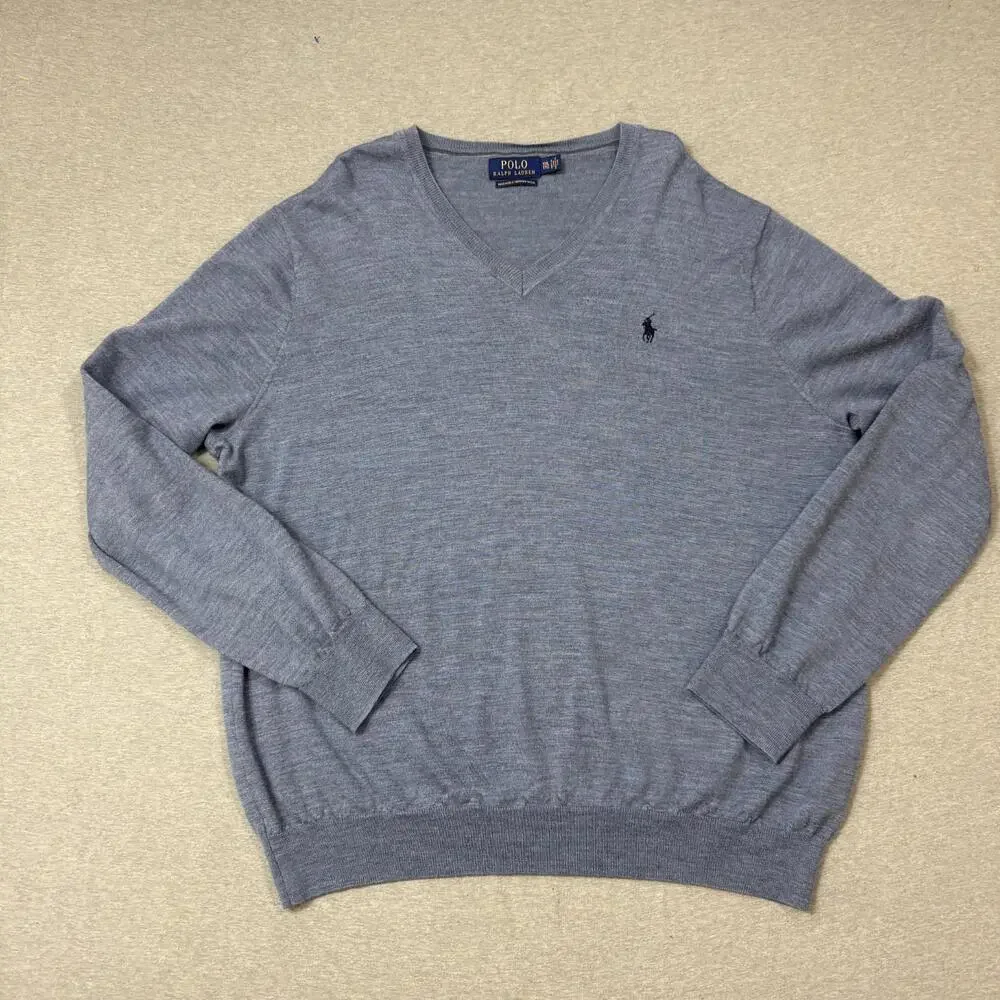 Polo Ralph Lauren Sweater Mens 2XL Blue Merino Wool V Neck Knit Pullover - Picture 1 of 6